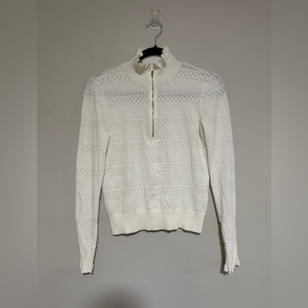 Veronica Beard White Pointelle 1/4 Zip Sweater Size Small Dainty Romantic